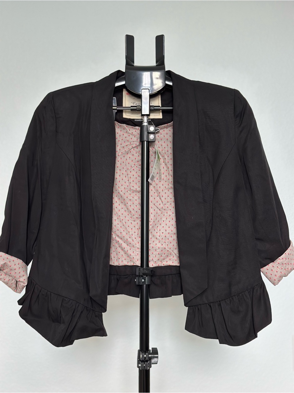 Cartonnier Black Cropped Ruffle Blazer with Pink Flower Lining